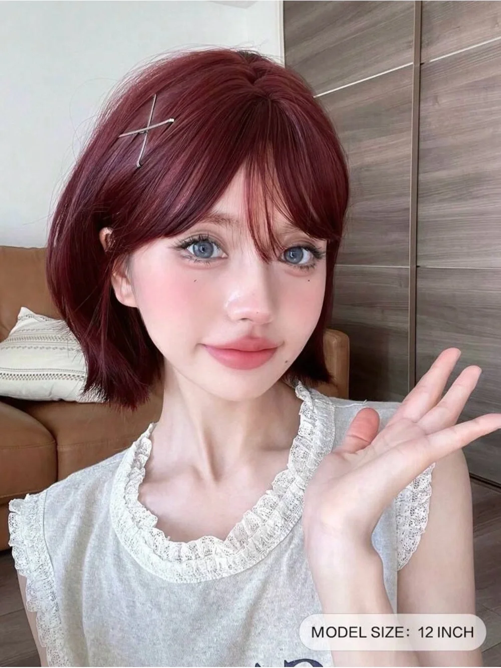 Heat Resistant Burgundy Bob Wig with Bangs 12”